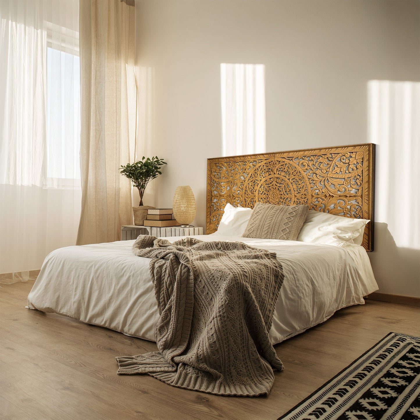 Carved Half Size Mandala Bed Headboard "Manusa"- Natural