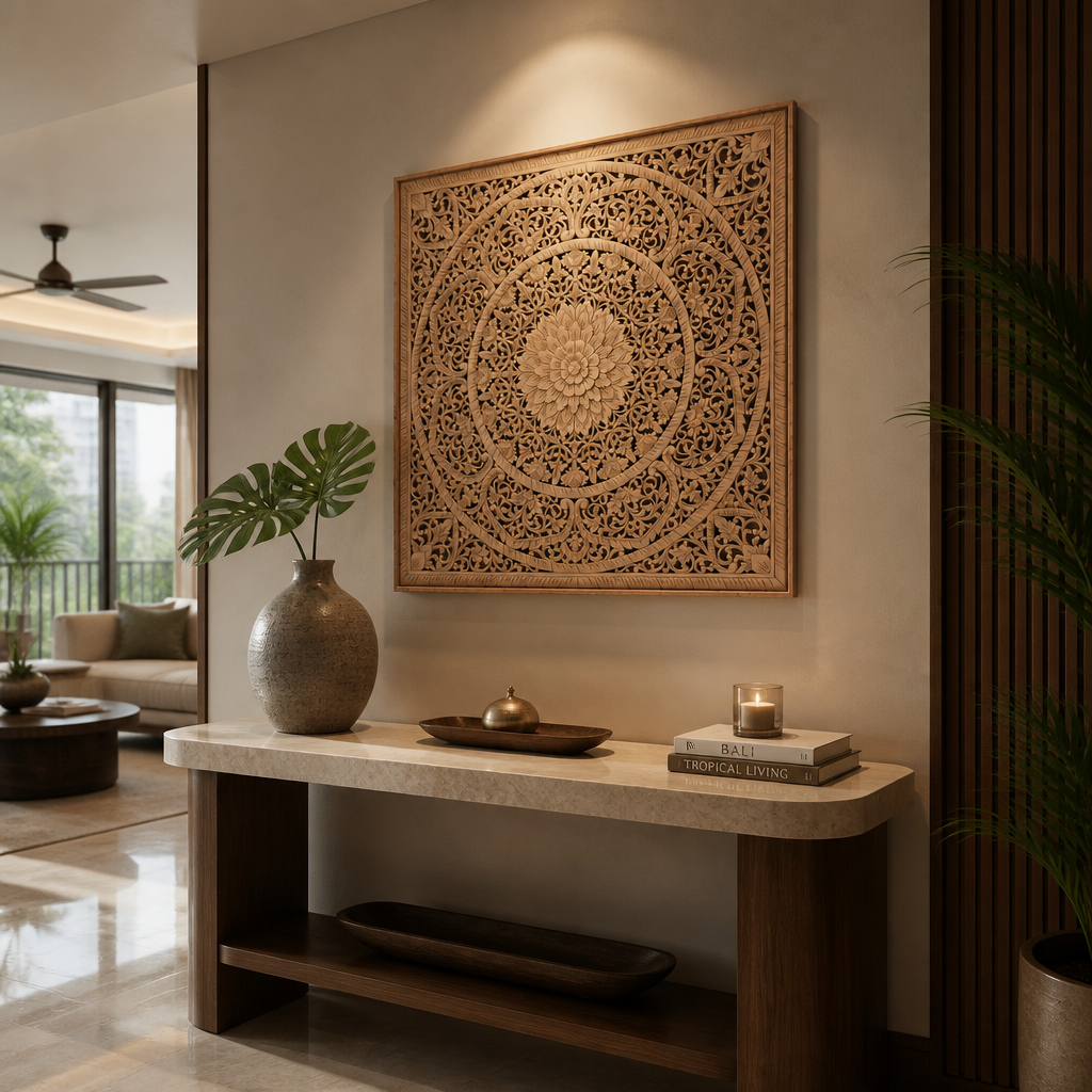 A square wooden wall art piece with an intricate laser-cut mandala pattern, displayed in a modern, warm-toned living room above a marble-topped console table.