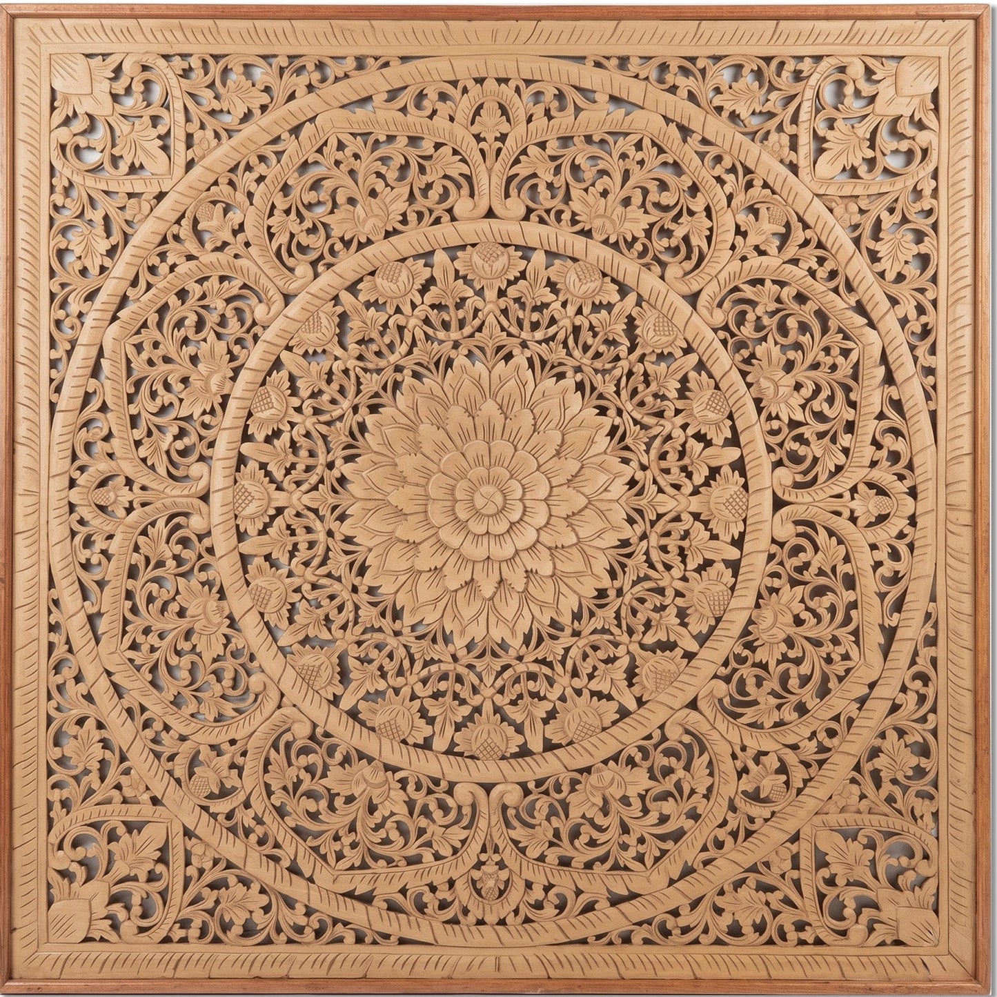 A square wooden wall art piece featuring intricate hand-carved floral and geometric mandala patterns in a warm natural wood finish, shown against a plain white background.