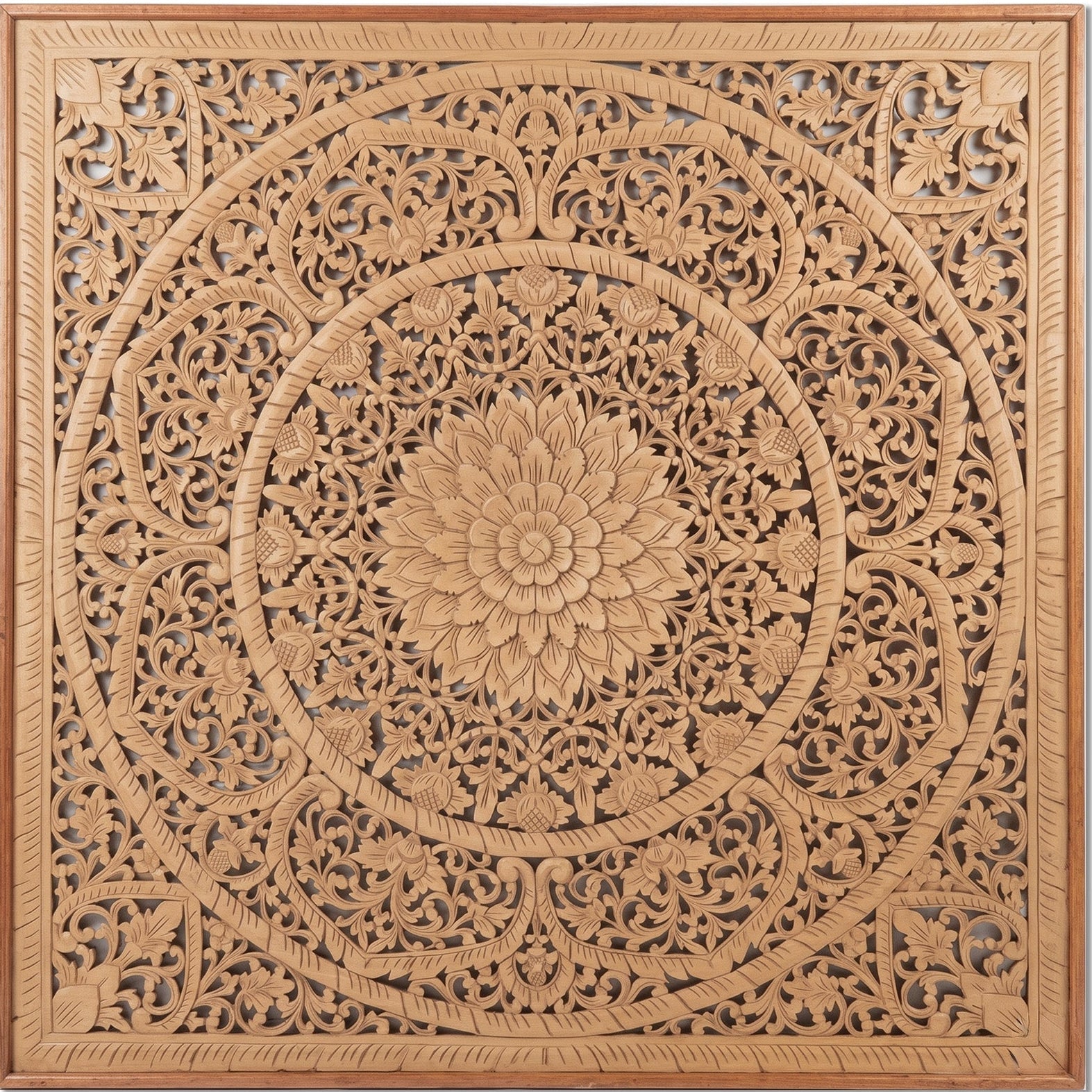 A square wooden wall art piece featuring intricate hand-carved floral and geometric mandala patterns in a warm natural wood finish, shown against a plain white background.