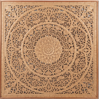 A square wooden wall art piece featuring intricate hand-carved floral and geometric mandala patterns in a warm natural wood finish, shown against a plain white background.