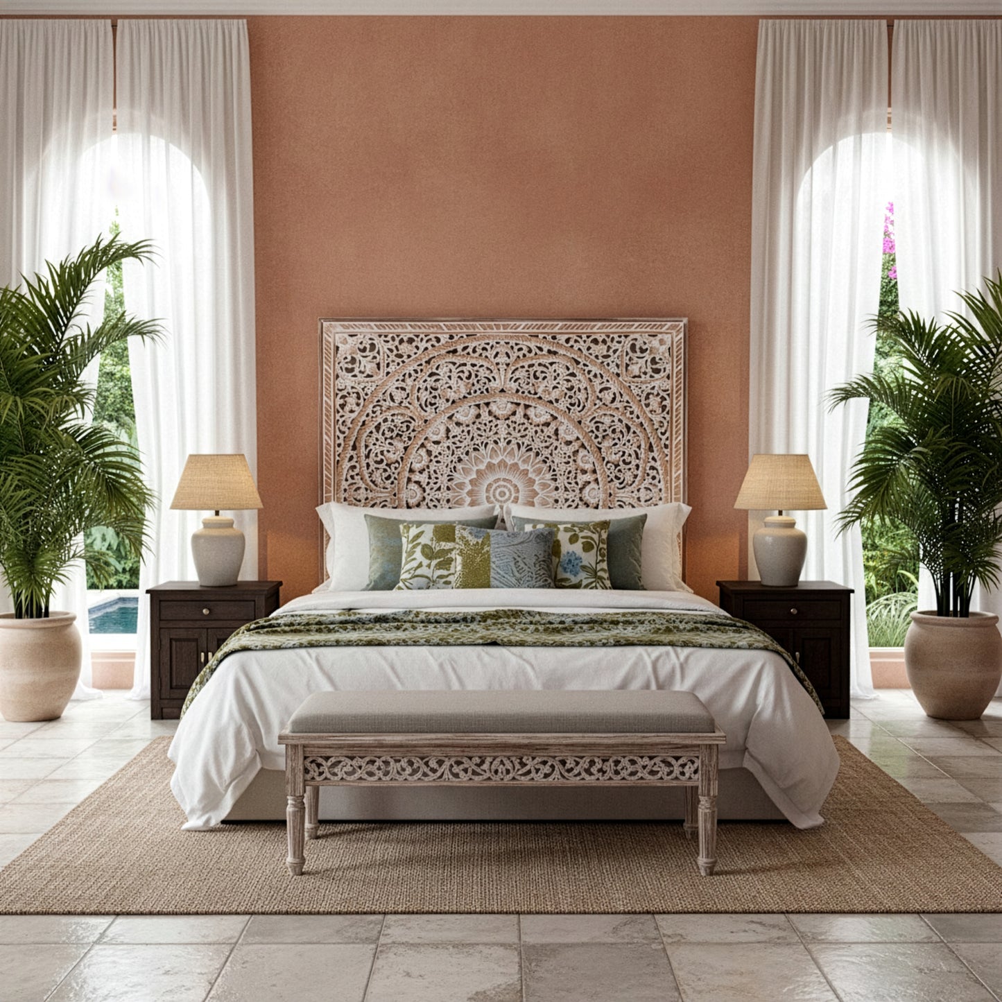Carved Bed Headboard "Manusa"- Antic Wash