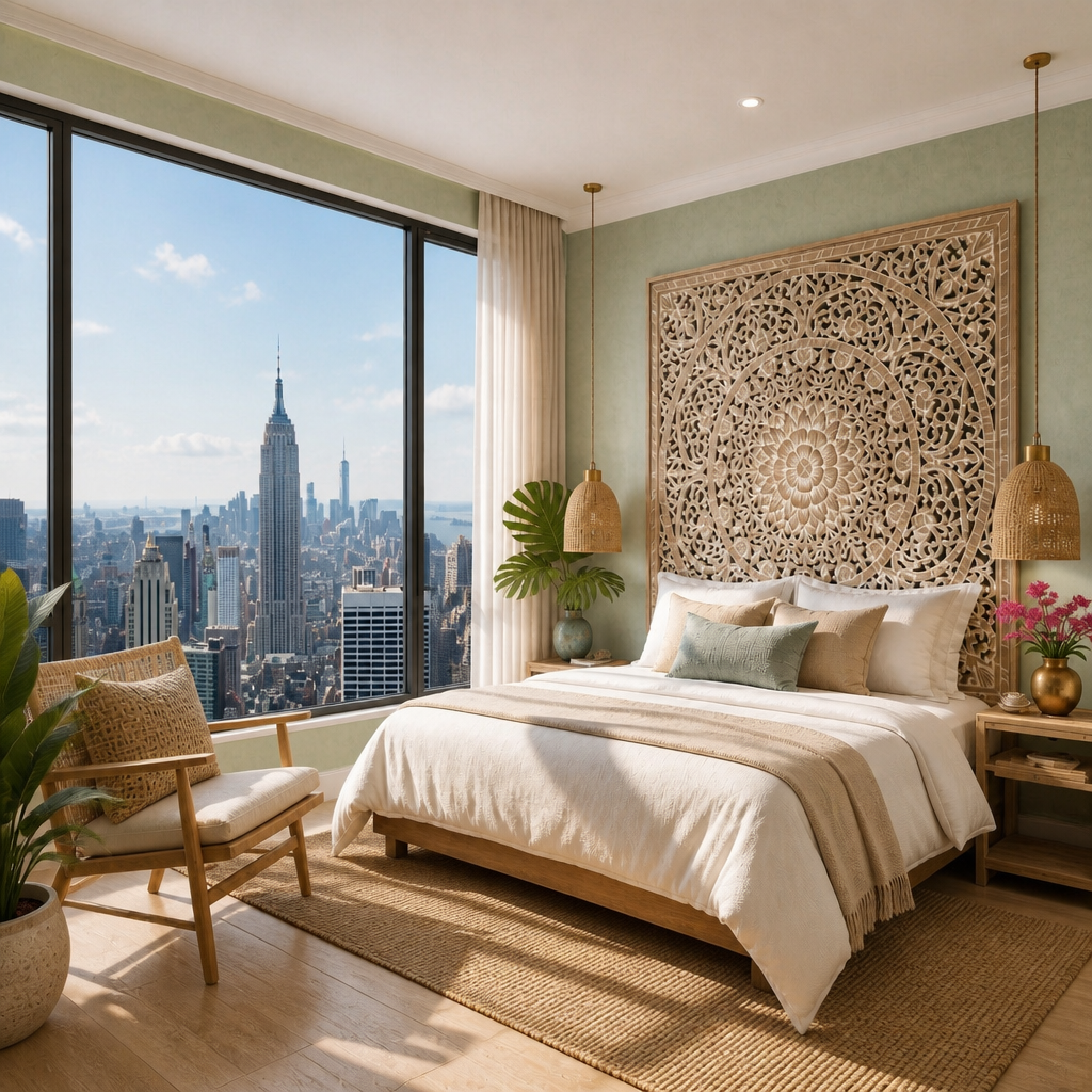 A beautifully styled bedroom featuring a large bed with cream bedding, a decorative carved wooden headboard, a woven rug, and a large window offering a view of the New York City skyline. A wooden armchair and potted plants complete the room.