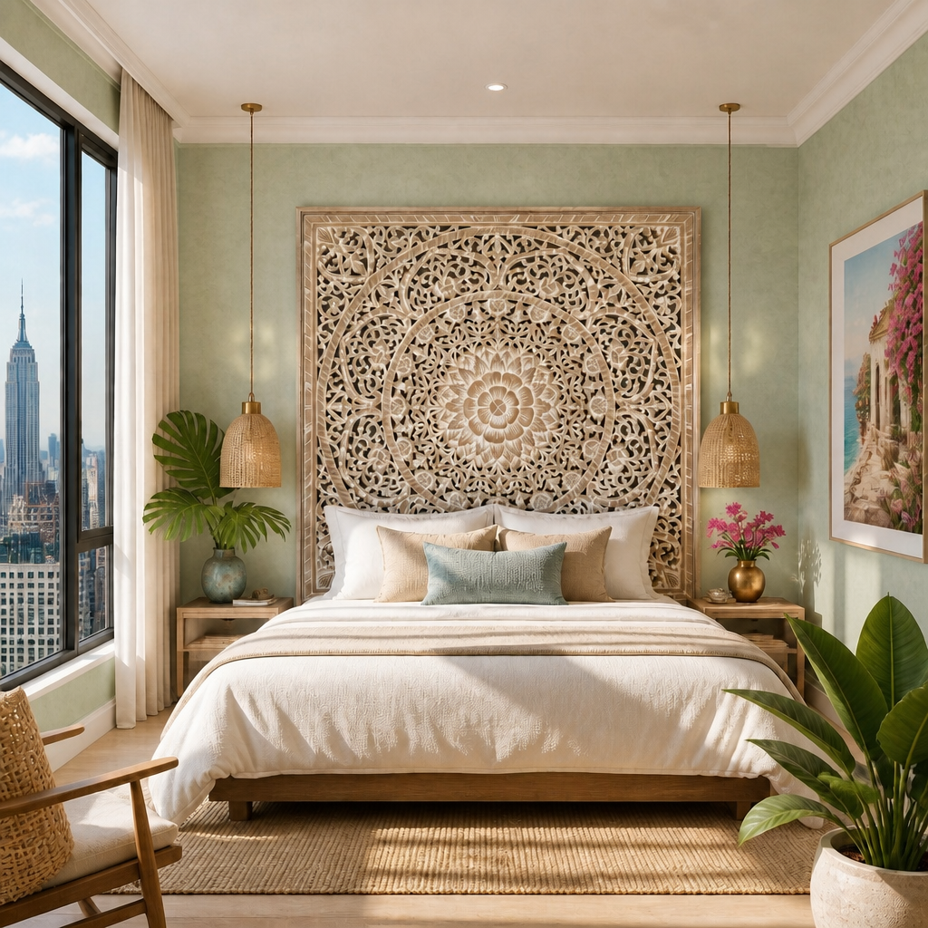 A beautifully styled bedroom featuring a large, intricate bohemian mandala carved wooden headboard. The bed is dressed in cream and sage green bedding, flanked by matching wood nightstands with woven pendant lights, a potted green plant, and a vase of pink flowers.