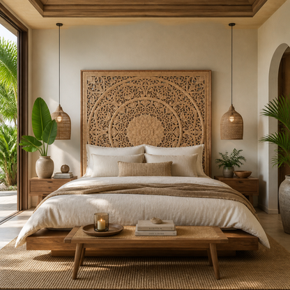 Carved Bed Headboard "Manusa" - Natural Brown