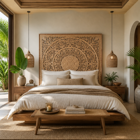 Carved Bed Headboard "Manusa" - Natural Brown