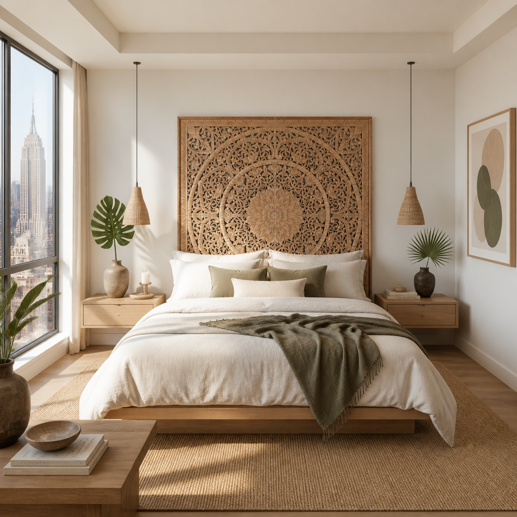 Carved Bed Headboard "Manusa" - Natural Brown