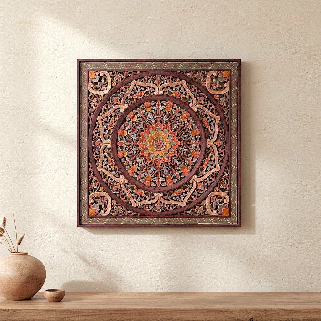 Carved Decorative Panel "Manusa" - Multicolor Red - 40 Inches