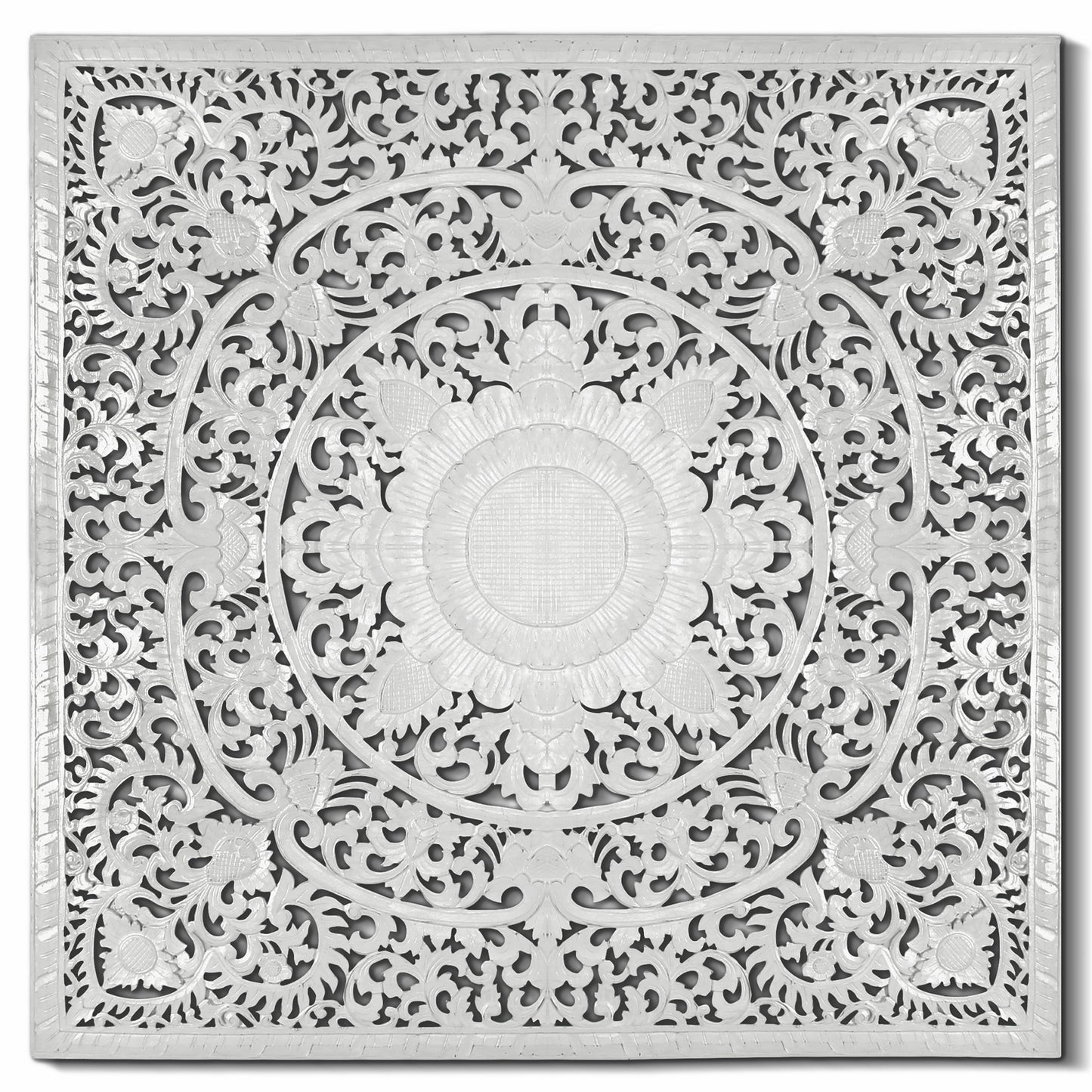 A square white decorative wall panel with an intricate, symmetrical floral mandala cutout pattern, shown against a plain white background.