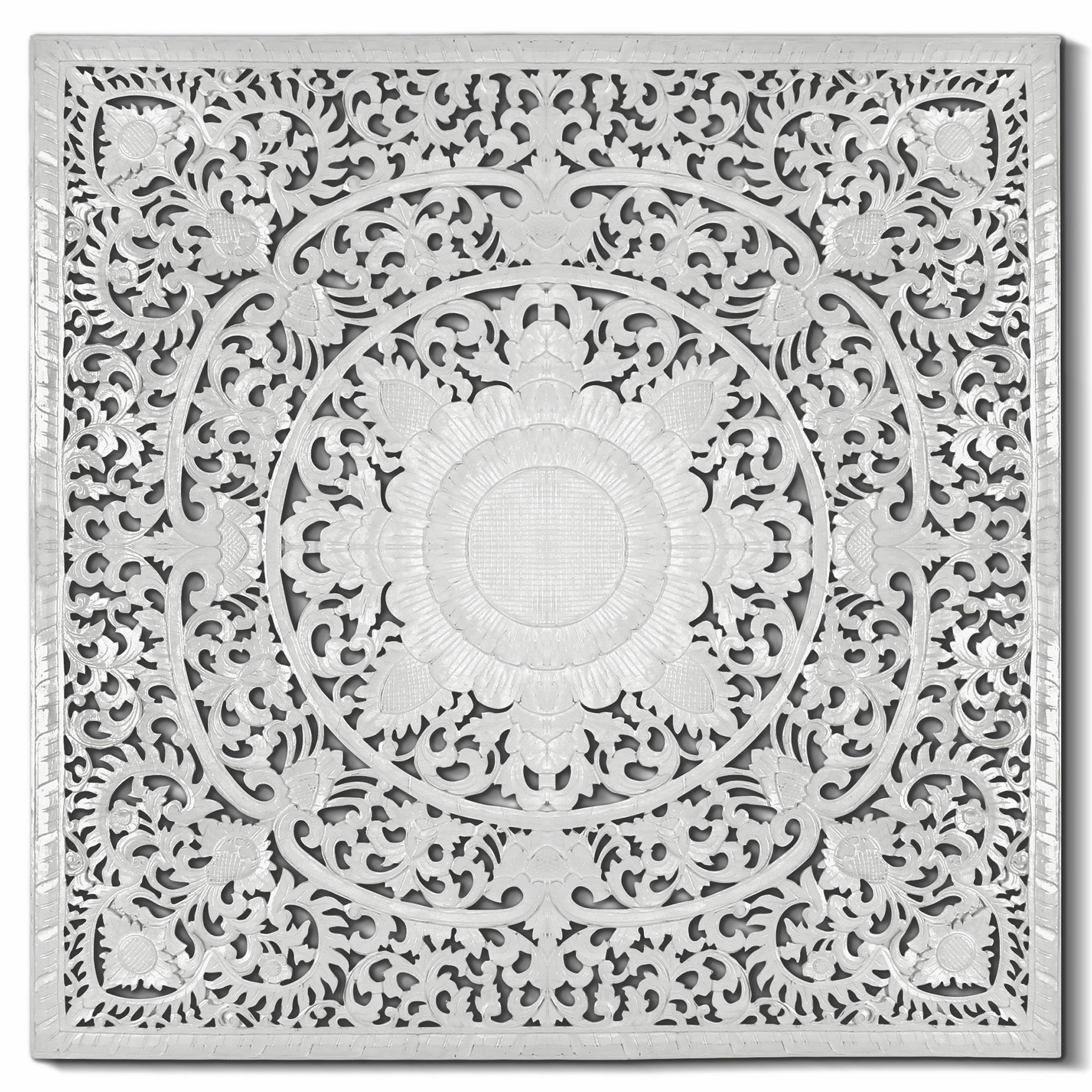 A square white decorative wall panel with an intricate, symmetrical floral mandala cutout pattern, shown against a plain white background.