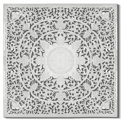A square white decorative wall panel with an intricate, symmetrical floral mandala cutout pattern, shown against a plain white background.