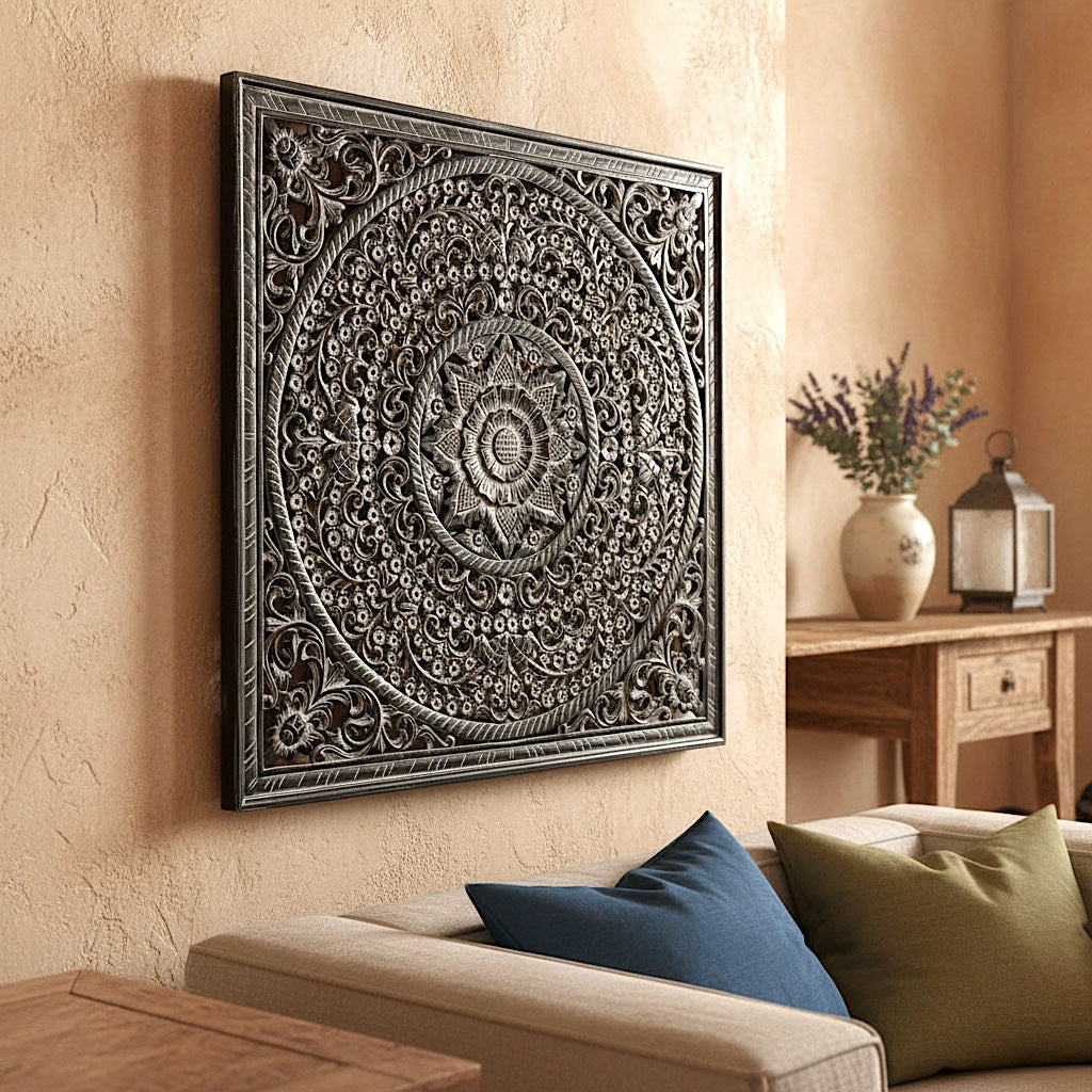 Carved Decorative Panel "Peony" - Monochrome - 39 x 39 Inches