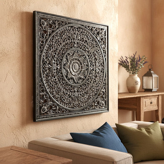 Carved Decorative Panel "Peony" - Monochrome - 39 x 39 Inches
