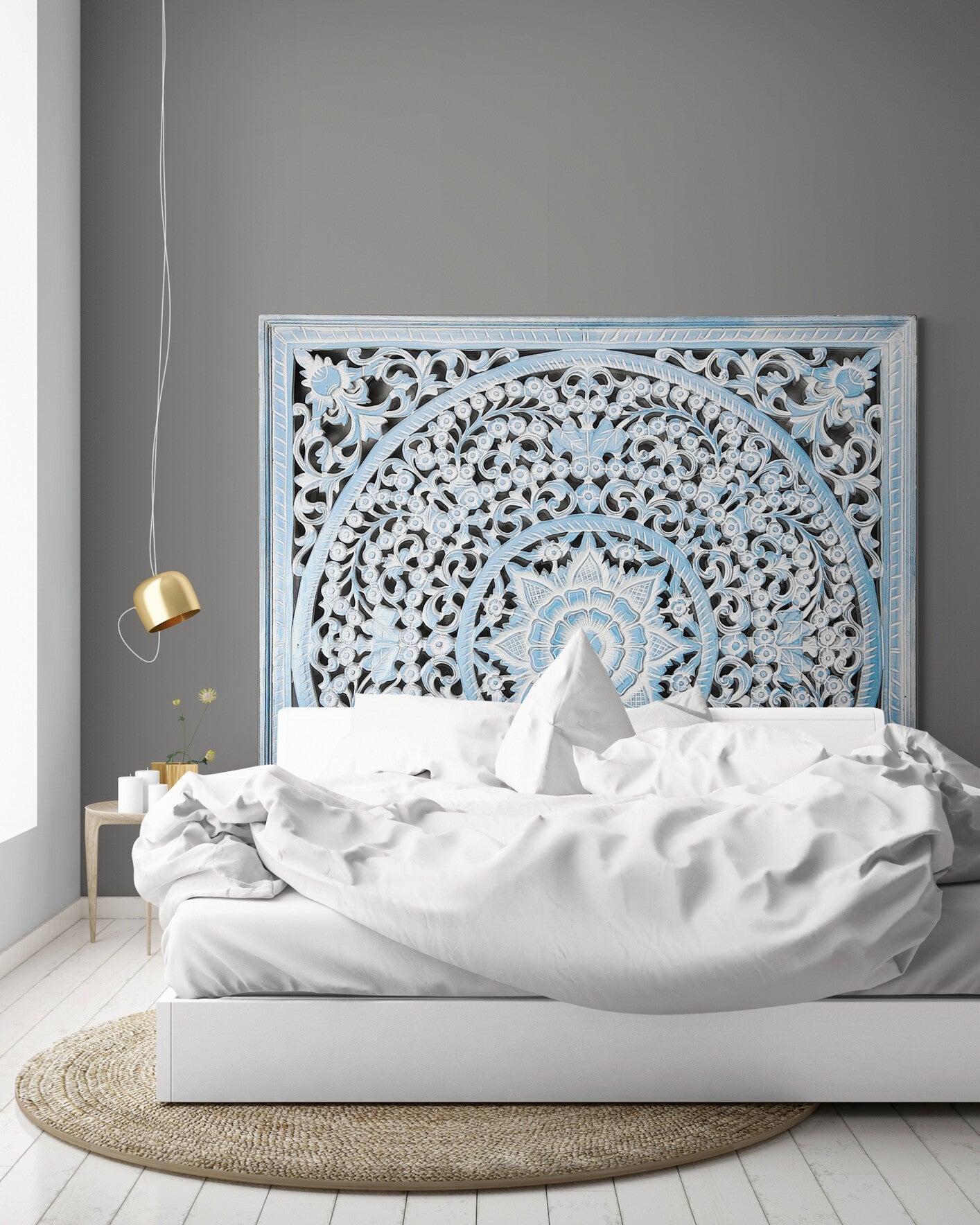 Carved Full Bed Headboard "Peony" - Blue Wash