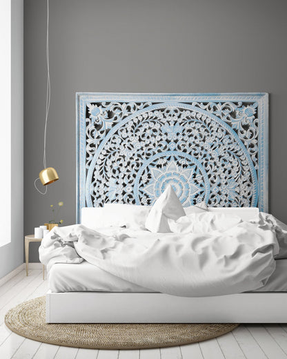 Carved Full Bed Headboard "Peony" - Blue Wash