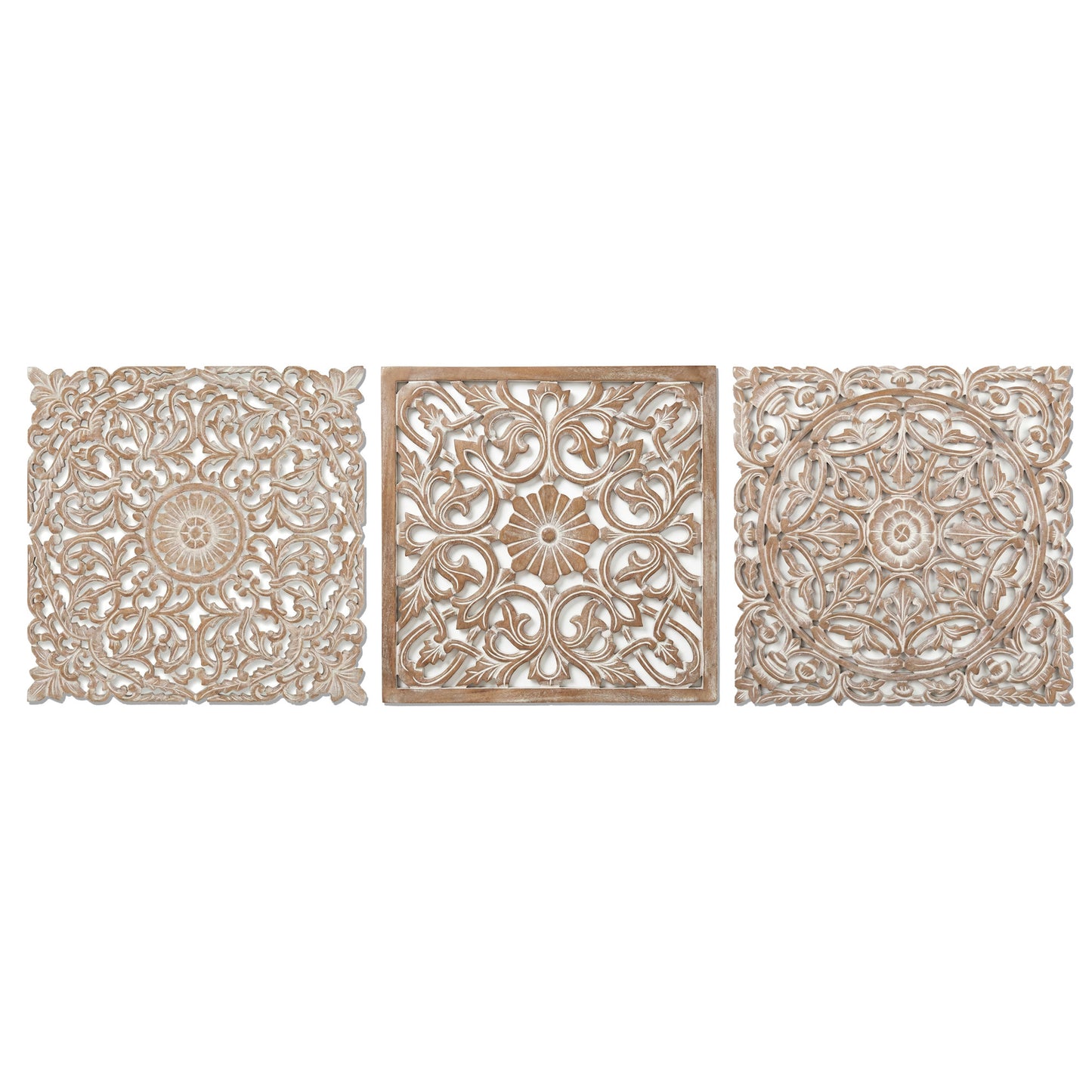 Set of 3 Carved Decorative Panels "Pererenan" - 20 x 20 Inches in Antic Wash