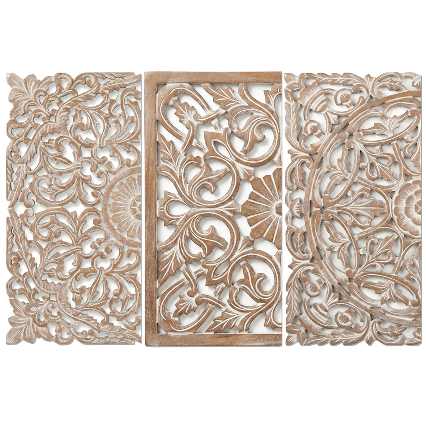 Set of 3 Carved Decorative Panels "Pererenan" - 20 x 20 Inches in Antic Wash
