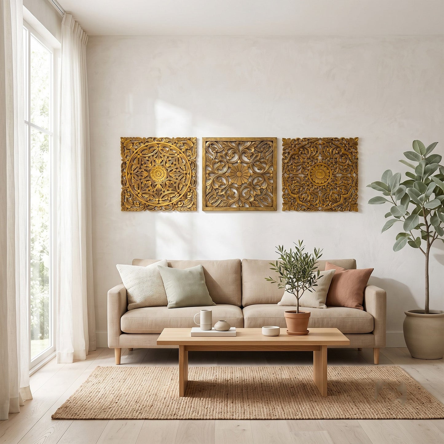 Set of 3 Decorative Panels "Pererenan" - Gold - 20 Inches