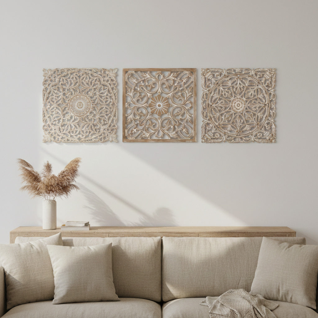 Set of 3 Carved Decorative Panels "Pererenan" - 20 x 20 Inches in Antic Wash