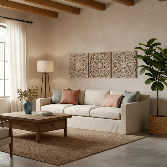 Set of 3 Carved Decorative Panels "Pererenan" - 20 x 20 Inches in Antic Wash