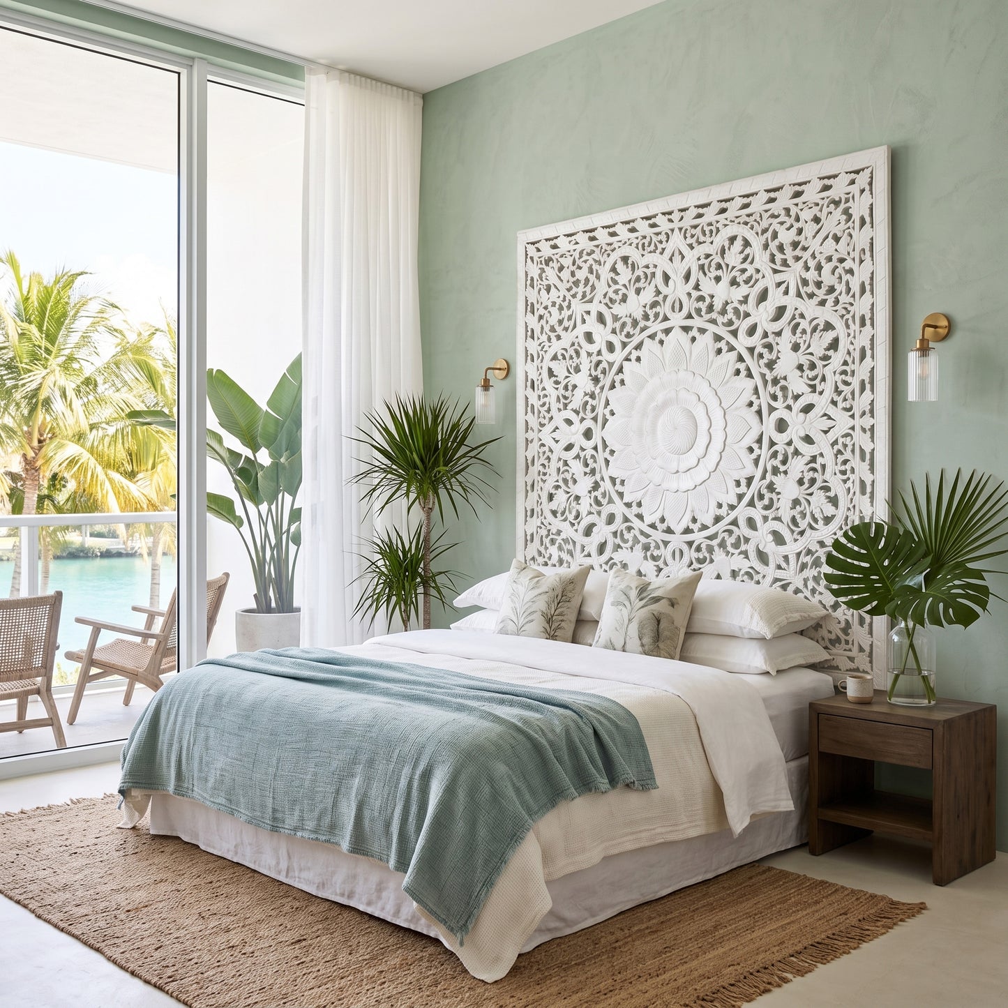 Carved Full Bed Headboard "Raflessia" - White