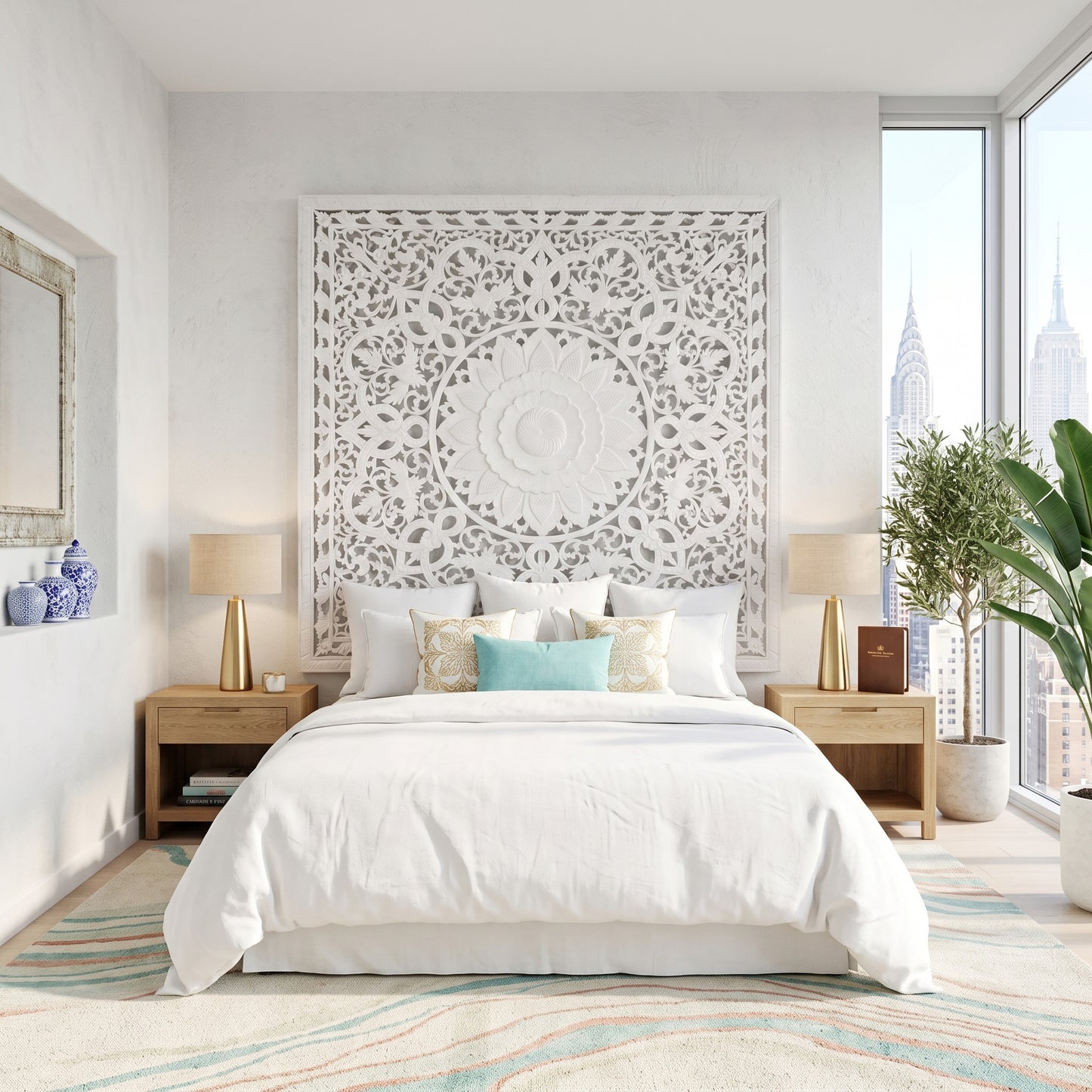 Carved Full Bed Headboard "Raflessia" - White