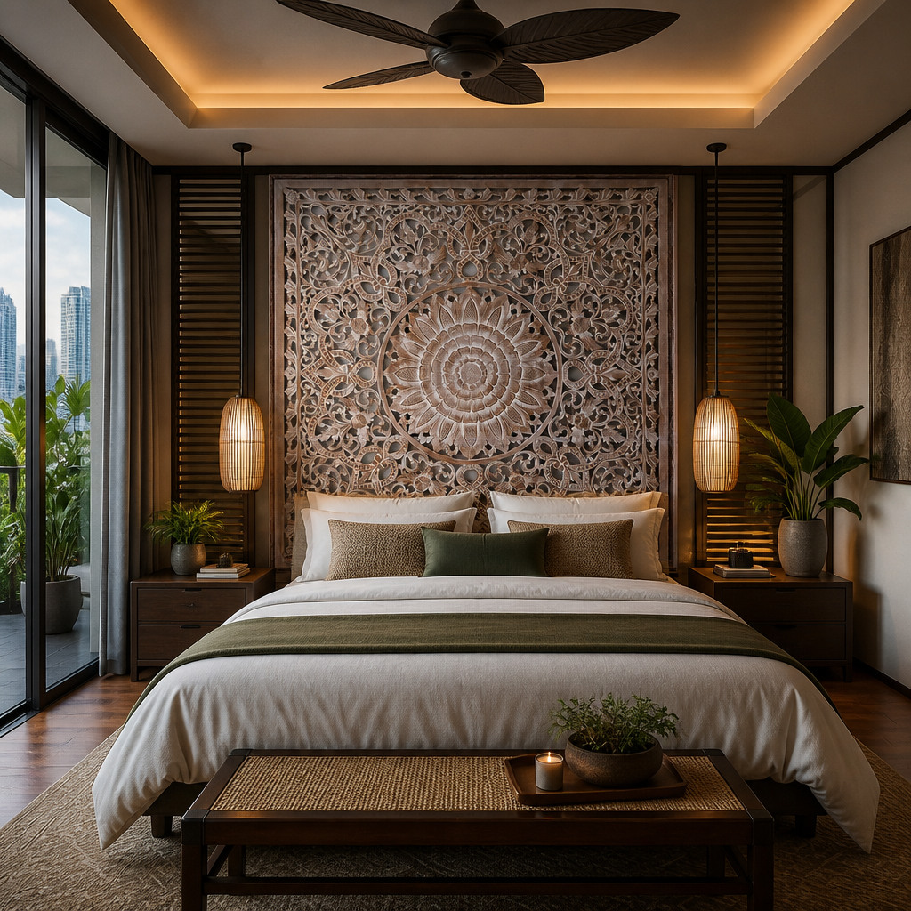 Carved Full Bed Headboard "Raflessia" - Antic-wash