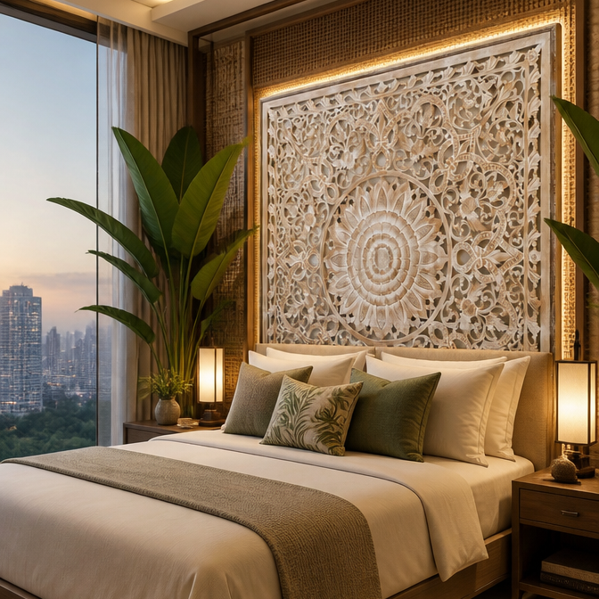 A modern bedroom featuring a large bed dressed in white and taupe bedding, styled with green and patterned accent pillows. The bed is positioned beneath a large, ornate beige carved wall panel with warm ambient lighting.