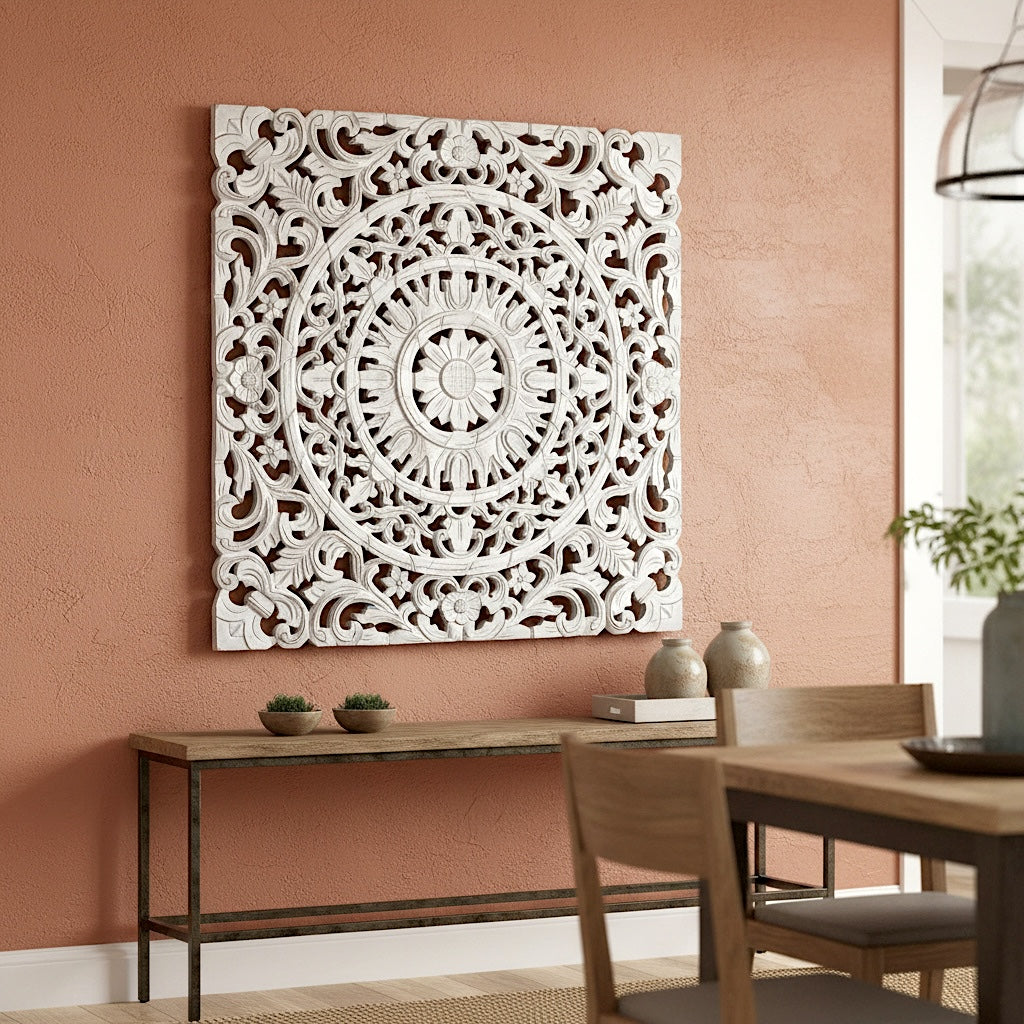 Carved Decorative Panel "Ranting" - White Wash - 23 Inches