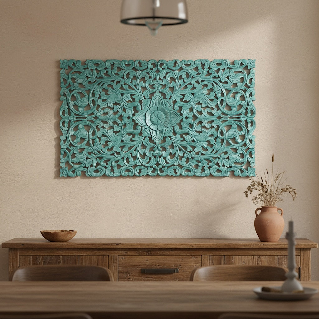 Carved Decorative Panel "Restu" - White & Green - 40 x 23 Inches