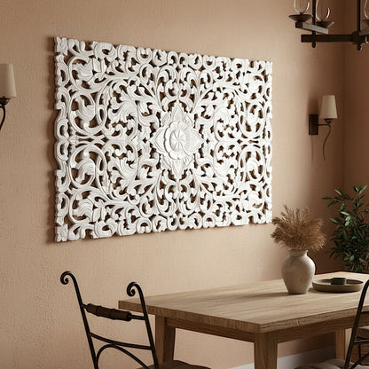 Carved Decorative Panel "Restu" - White & Green - 40 x 23 Inches
