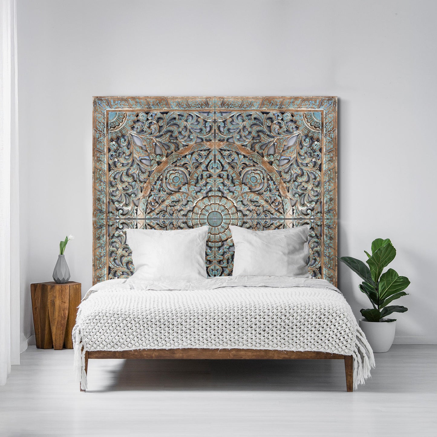 Carved Full Bed Headboard "Samudra" - Green Wash