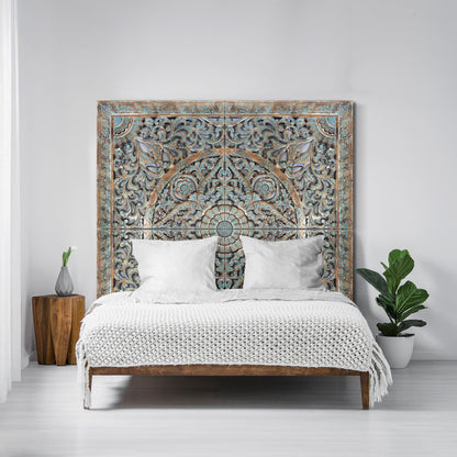 Carved Full Bed Headboard "Samudra" - Green Wash