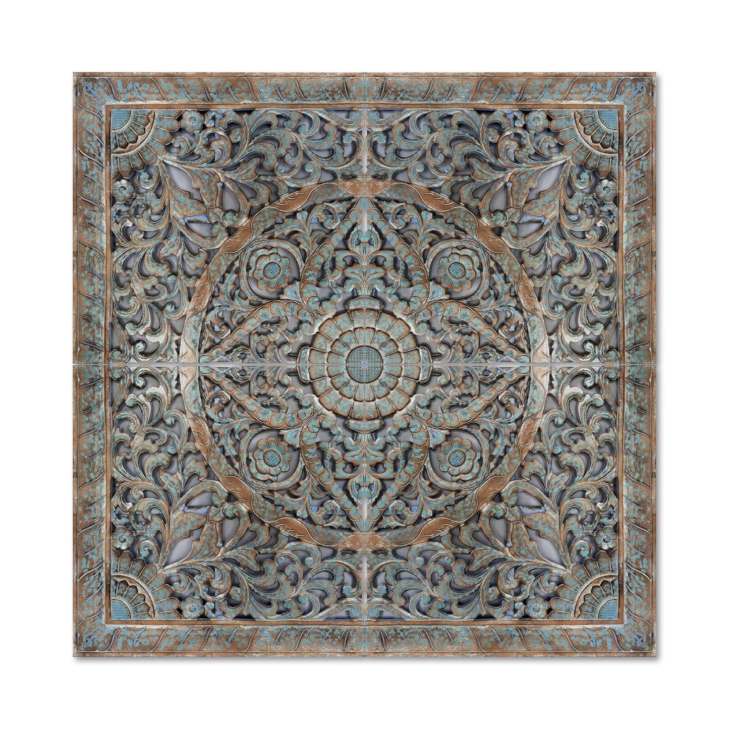 Carved Full Bed Headboard "Samudra" - Green Wash