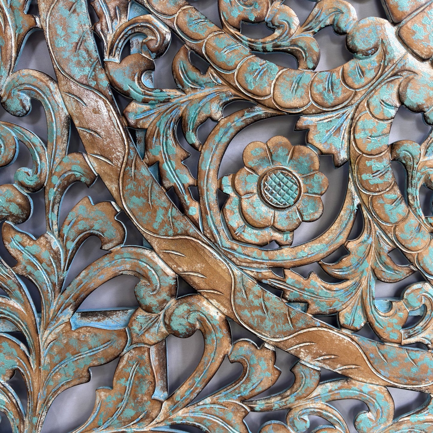 Carved Full Bed Headboard "Samudra" - Green Wash