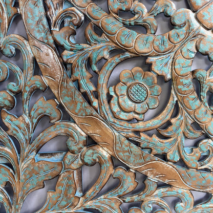 Carved Full Bed Headboard "Samudra" - Green Wash