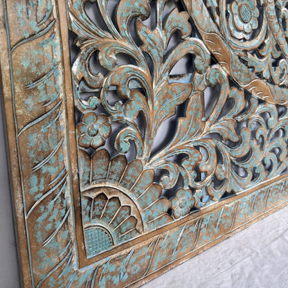 Carved Full Bed Headboard "Samudra" - Green Wash
