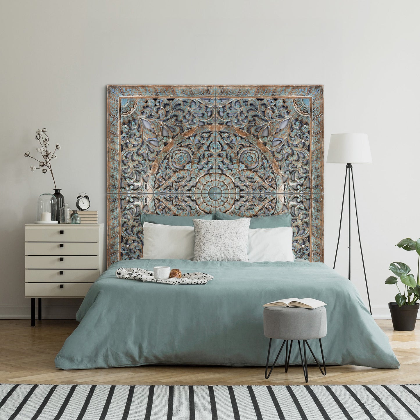Carved Full Bed Headboard "Samudra" - Green Wash