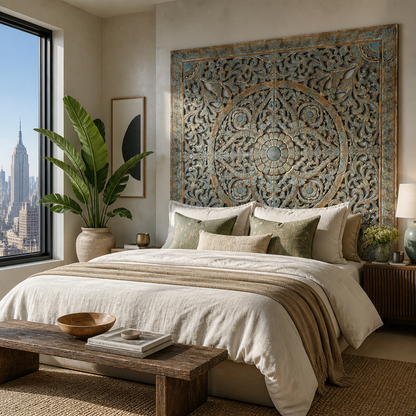 Carved Full Bed Headboard "Samudra" - Green Wash
