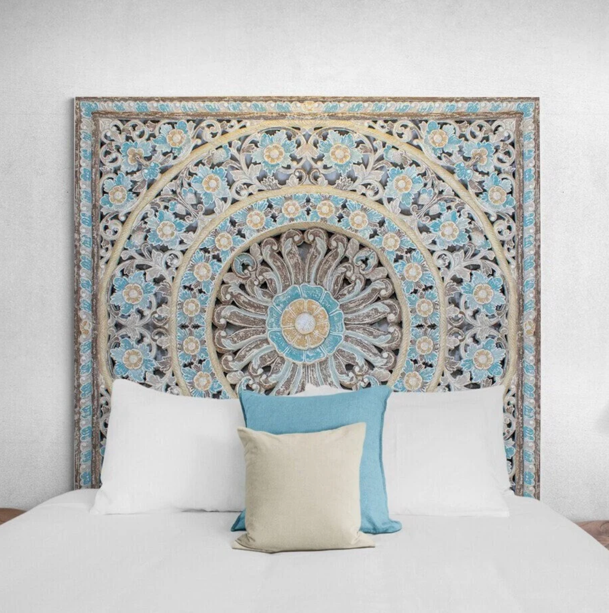 Carved Mandala Full Bed Headboard 'Dianna' in Multicolor Blue