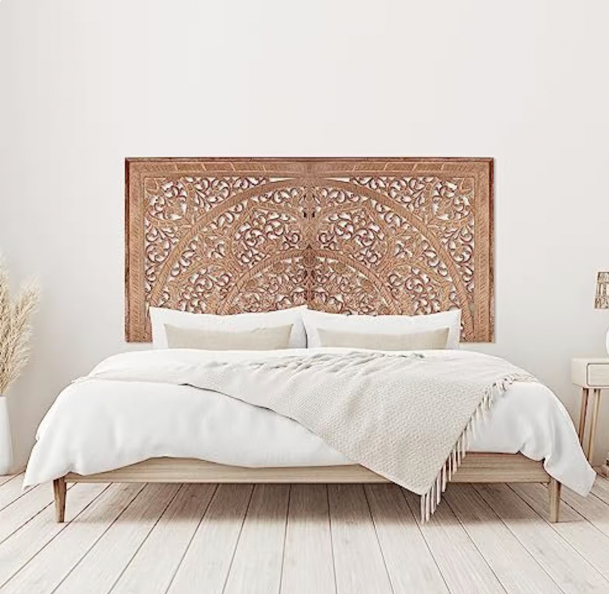 Carved Half Cut Bed Headboard "Sumber" in Natural Brown