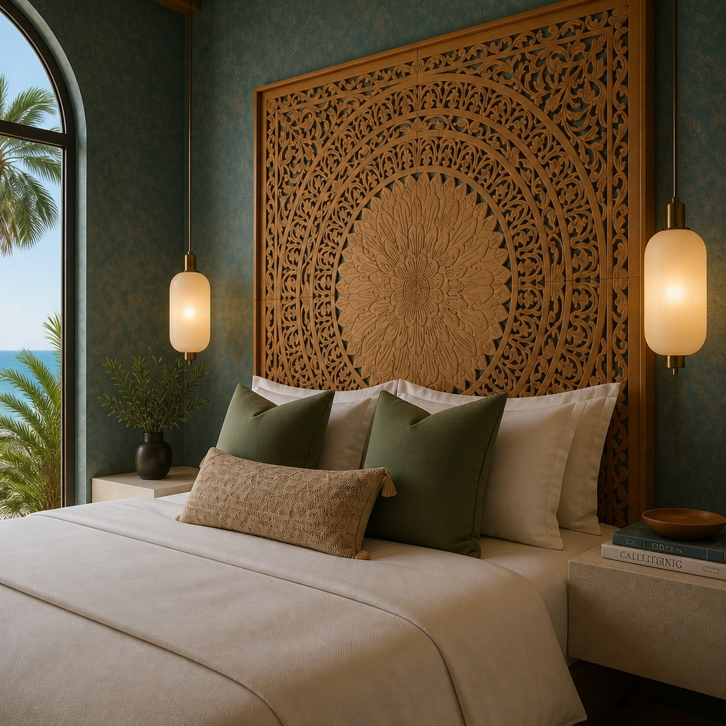 Carved Bed Headboard "Seruni" - Natural Brown