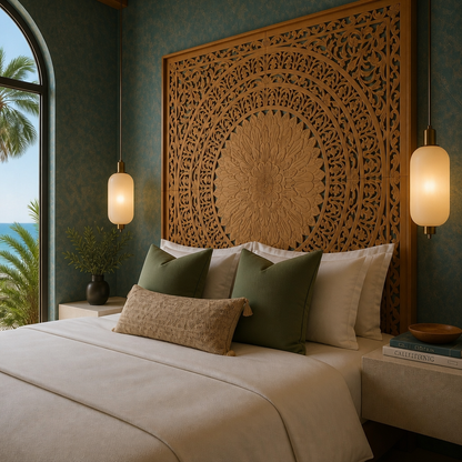 Carved Bed Headboard "Seruni" - Natural Brown