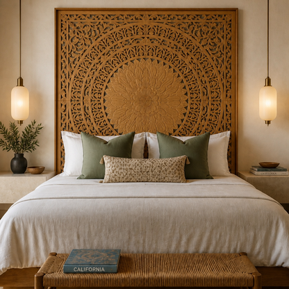 Carved Bed Headboard "Seruni" - Natural Brown