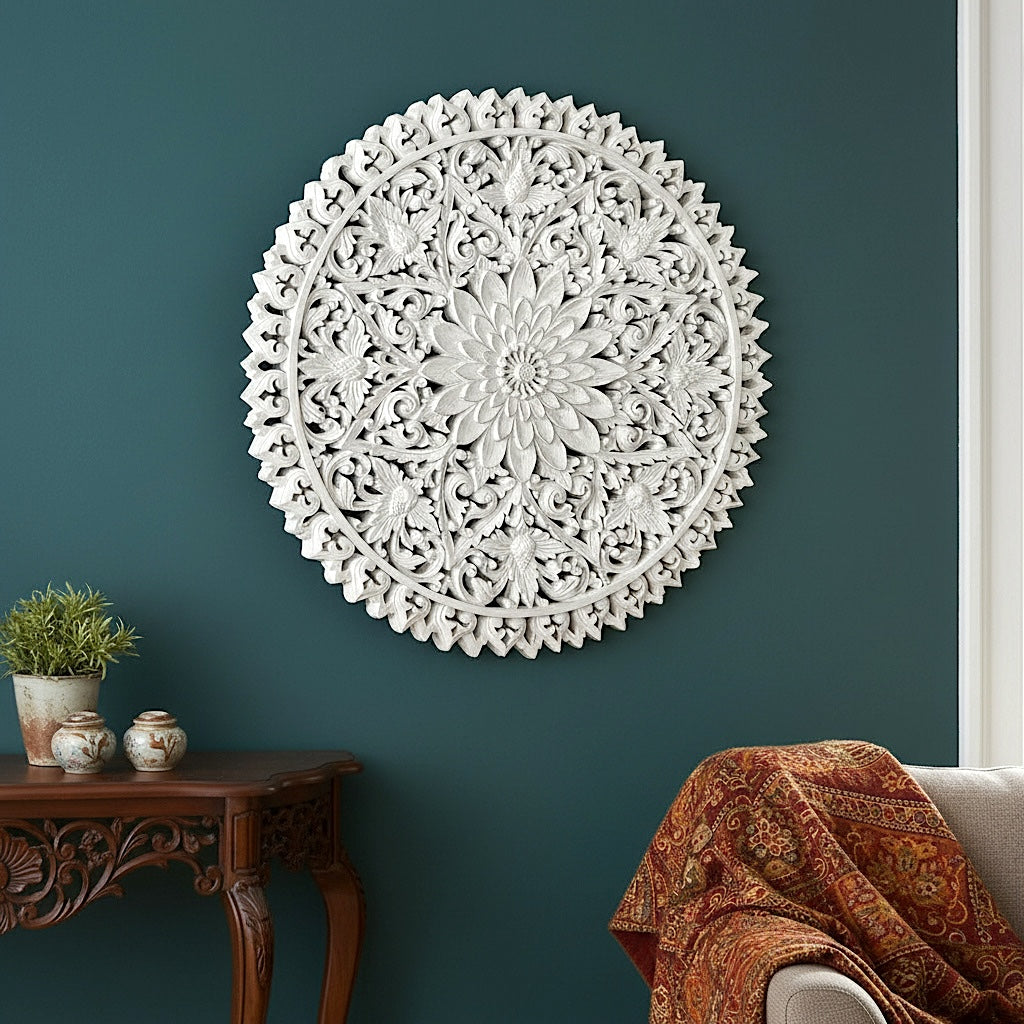 Carved Decorative Mandala "Serupa" - White - 31 Inches