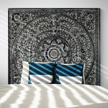 Carved Full Bed Headboard "Peony" - Monochrome Wash