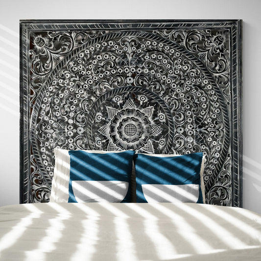 Carved Full Bed Headboard "Peony" - Monochrome Wash