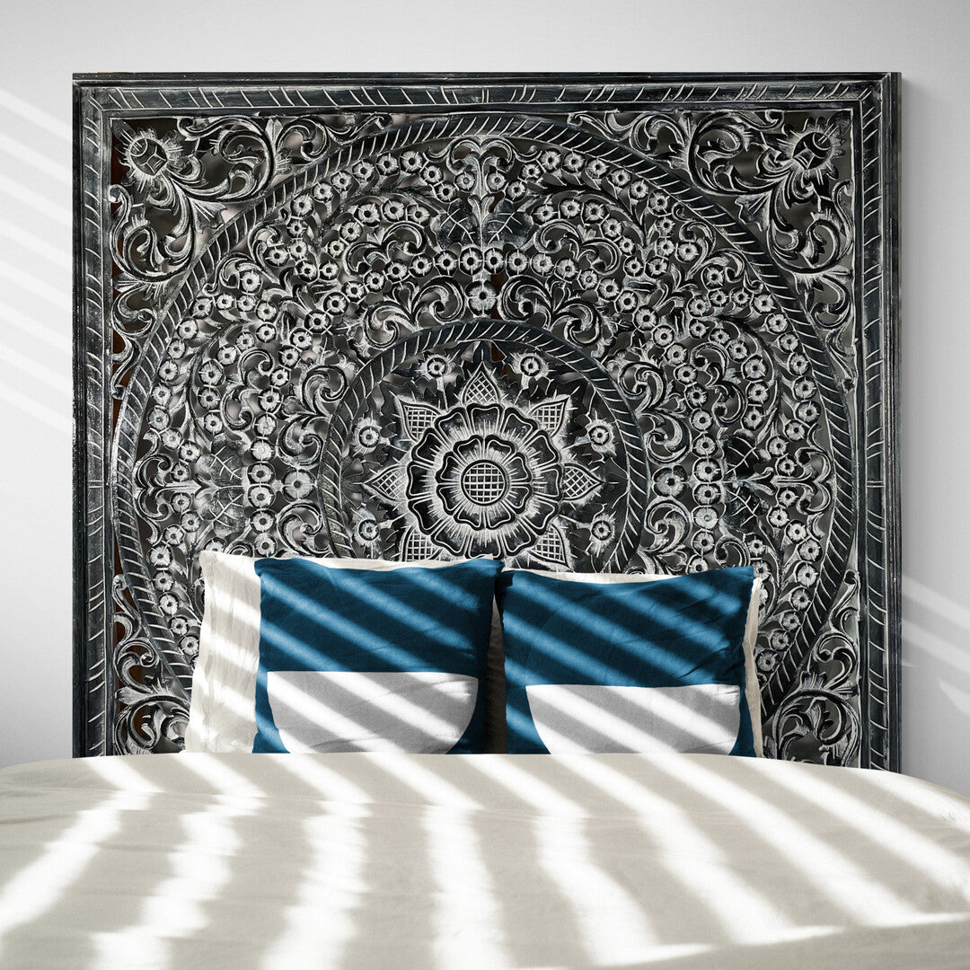 Carved Full Bed Headboard "Peony" - Monochrome Wash