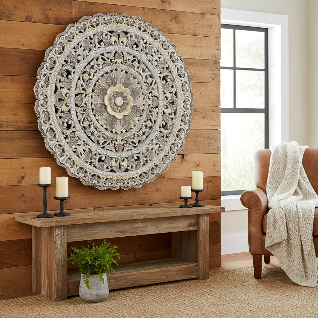 Carved Mandala Decorative Panel "Sri" - Brown - 40 Inches