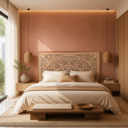 Carved Half Cut Bed Headboard "Sumber" in Natural Brown